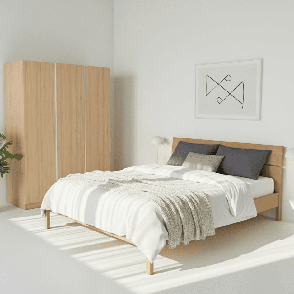 Combo Giường Ngủ VLINE & Tủ Quần Áo VIENNA 1m5 Màu Gỗ Tự Nhiên