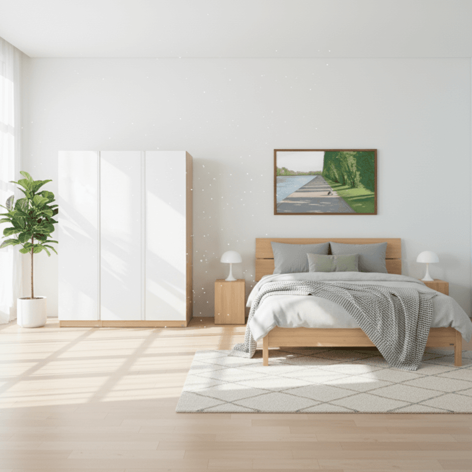 Combo Giường Ngủ VLINE & Tủ Quần Áo VIENNA 1m5 Màu Gỗ Tự Nhiên