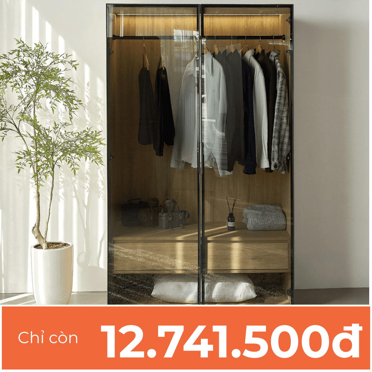 Tủ Quần Áo Cánh Kính Cao Cấp 1m2 ASTRO